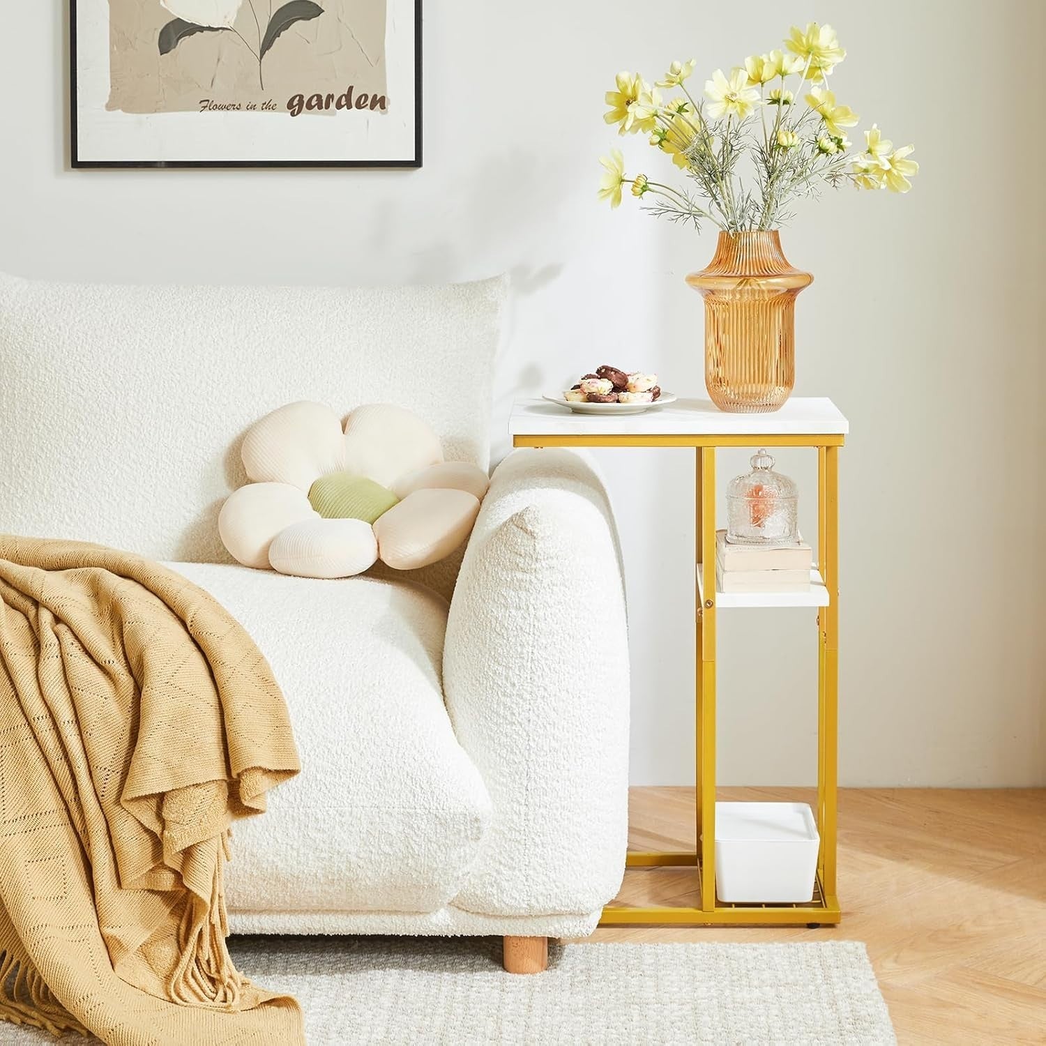 C-Shaped Side Table Marble Pattern White & Gold – Compact, Sturdy, Easy Access