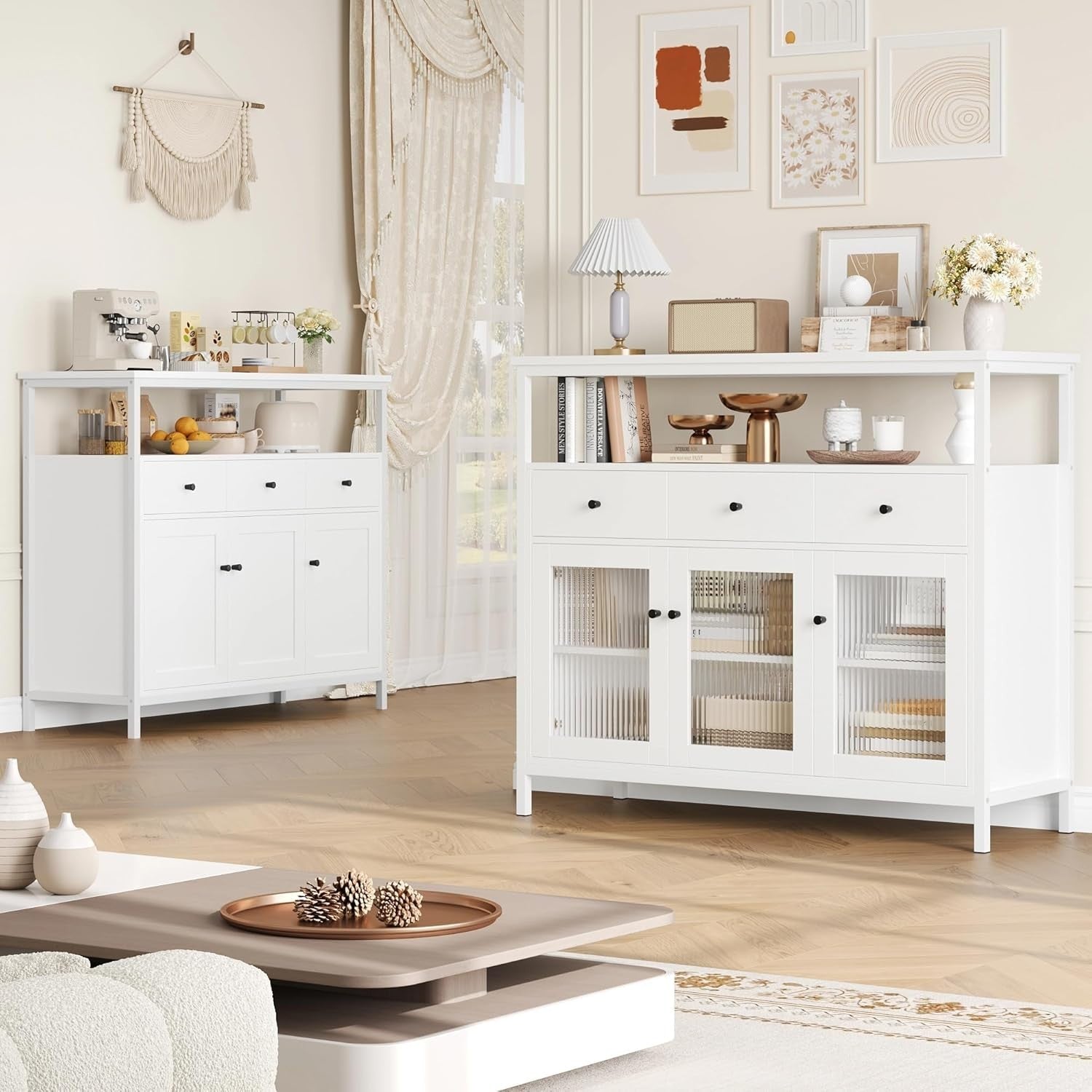 108cm White Sideboard Cabinet 3 Glass Doors 3 Drawers Adjustable Shelves