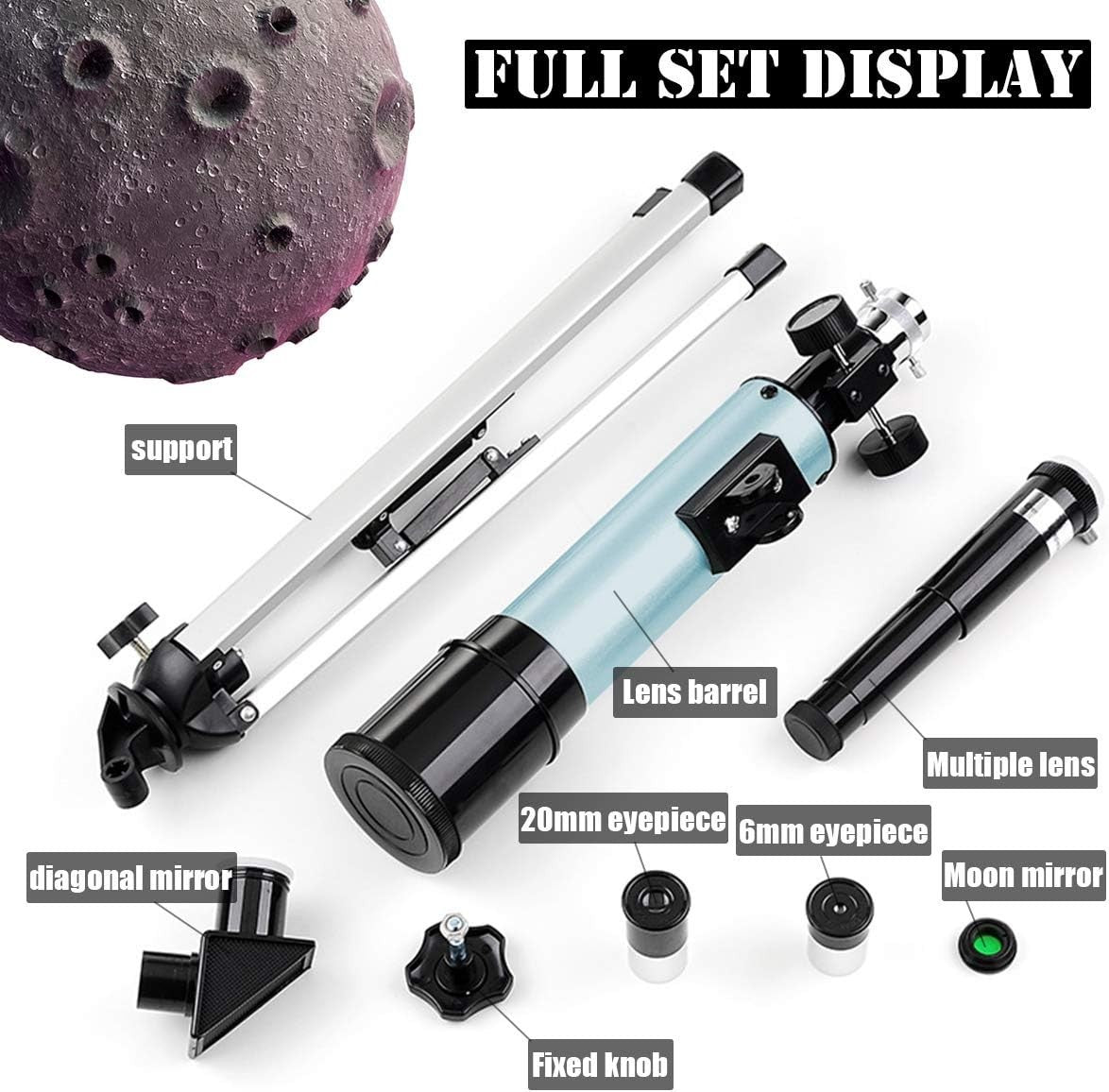 Kids 90X Telescope with Tripod 2 Eyepieces 1.5X Barlow Lens