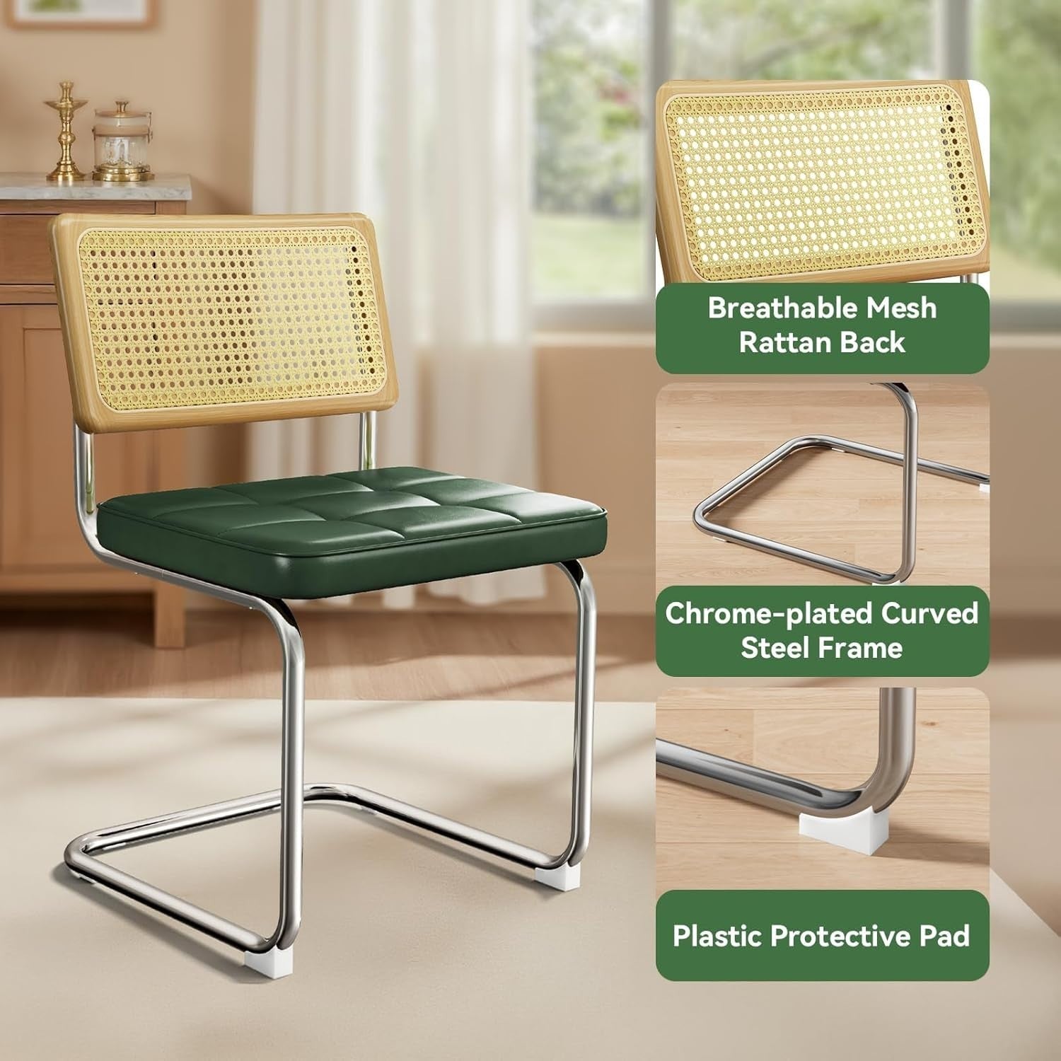 Green Dining Chairs Set of 4 Upholstered Rattan Back Modern Kitchen Chairs