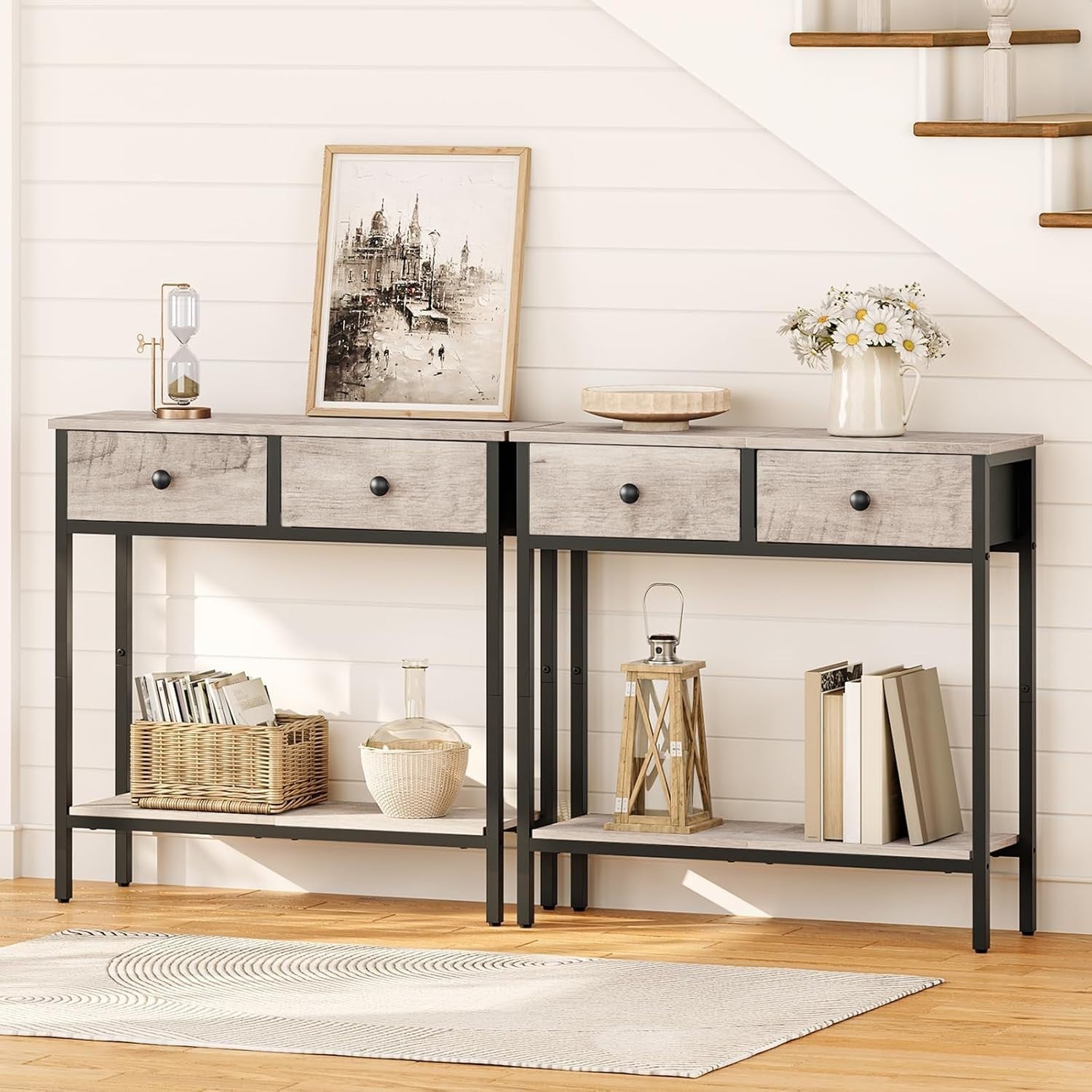 Slim Narrow Console Table with 2 Drawers & Lower Shelf for Small Spaces