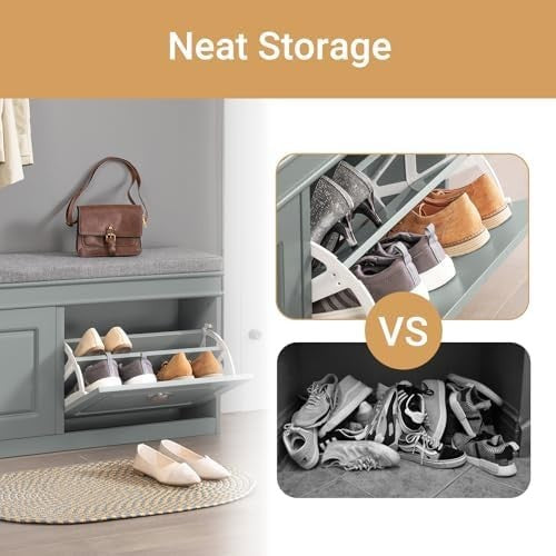 Grey Shoe Storage Bench with Seat & 2 Flip Drawers – Modern Hallway Organizer