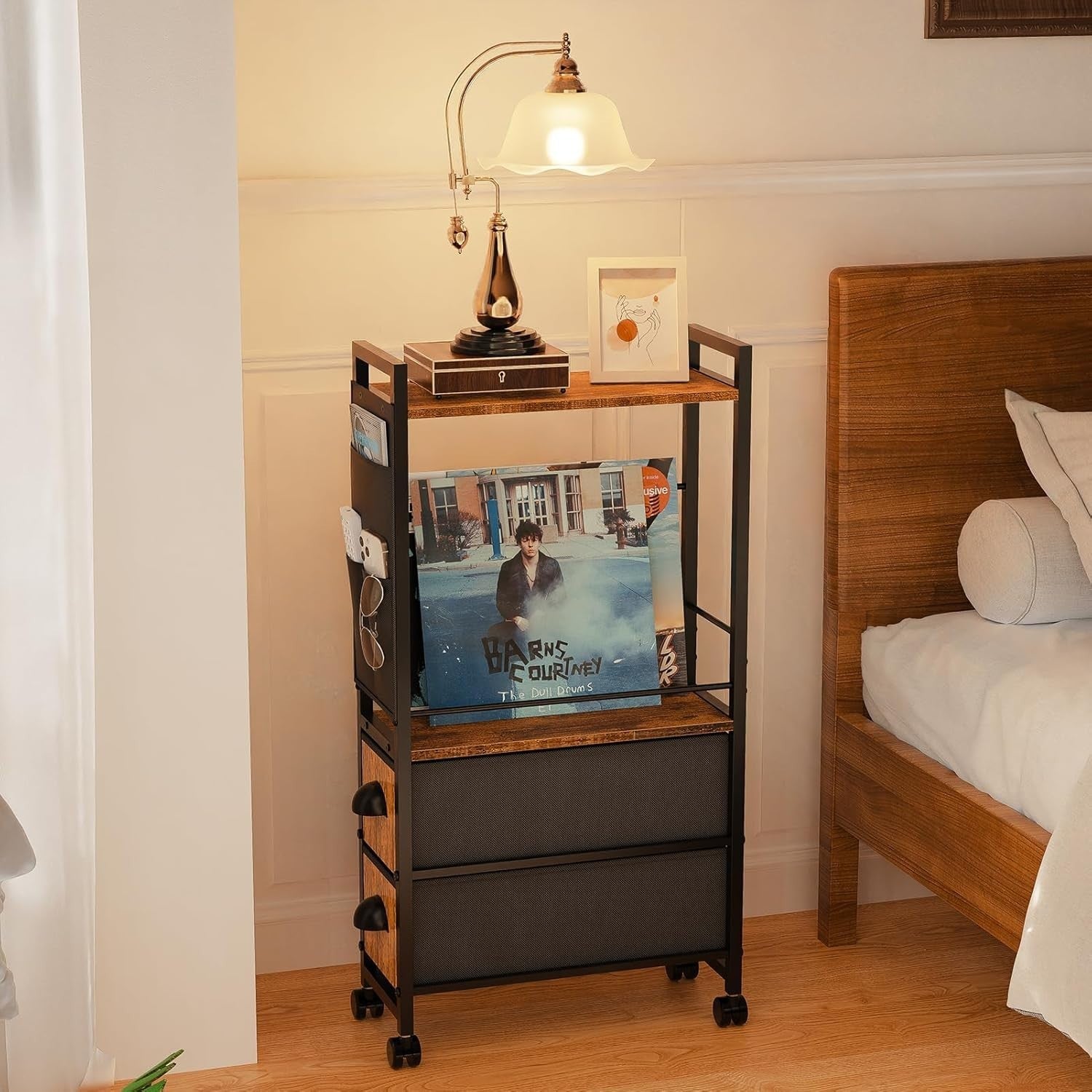 Retro Black Narrow Side Table 42x20x80 cm | Slim Nightstand w/ Drawers & Storage