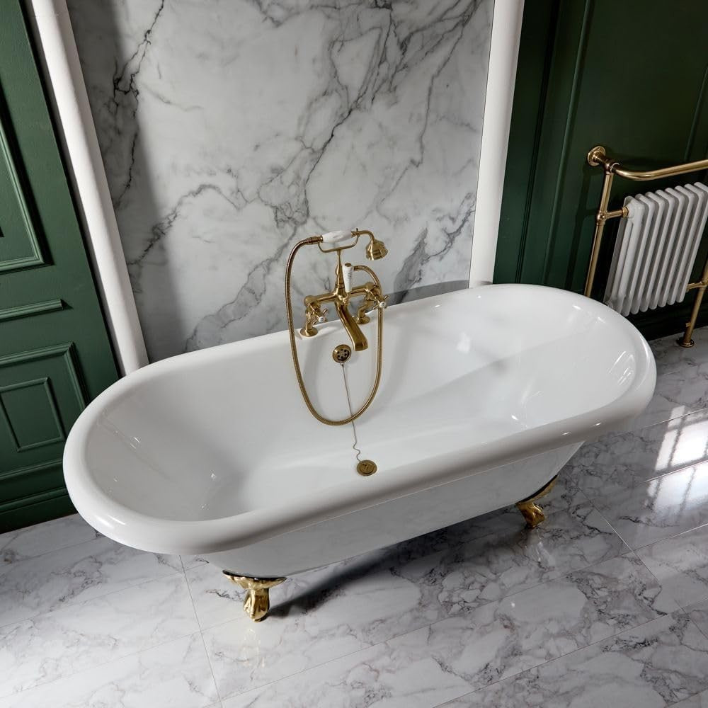 White Double Ended Freestanding Roll Top Bath 1795x785mm Brass Claw Feet