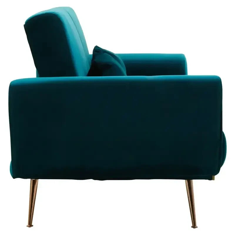 Green Velvet Sofa Bed 3 Seater w/ Gold Legs & Folding Back Modern