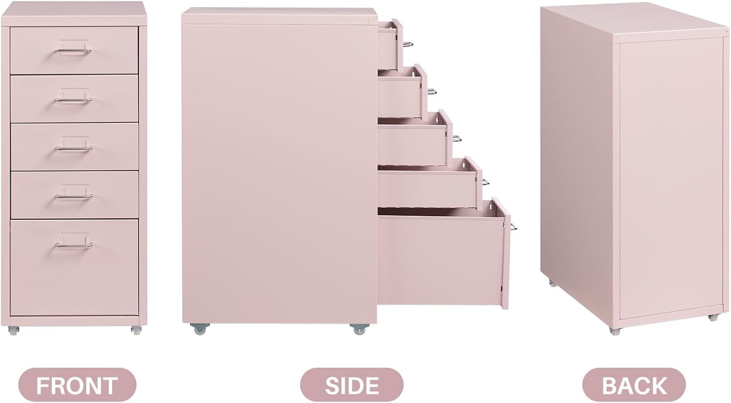 Pink Metal Rolling Drawer Cabinet 5 Tier Under Desk File Storage