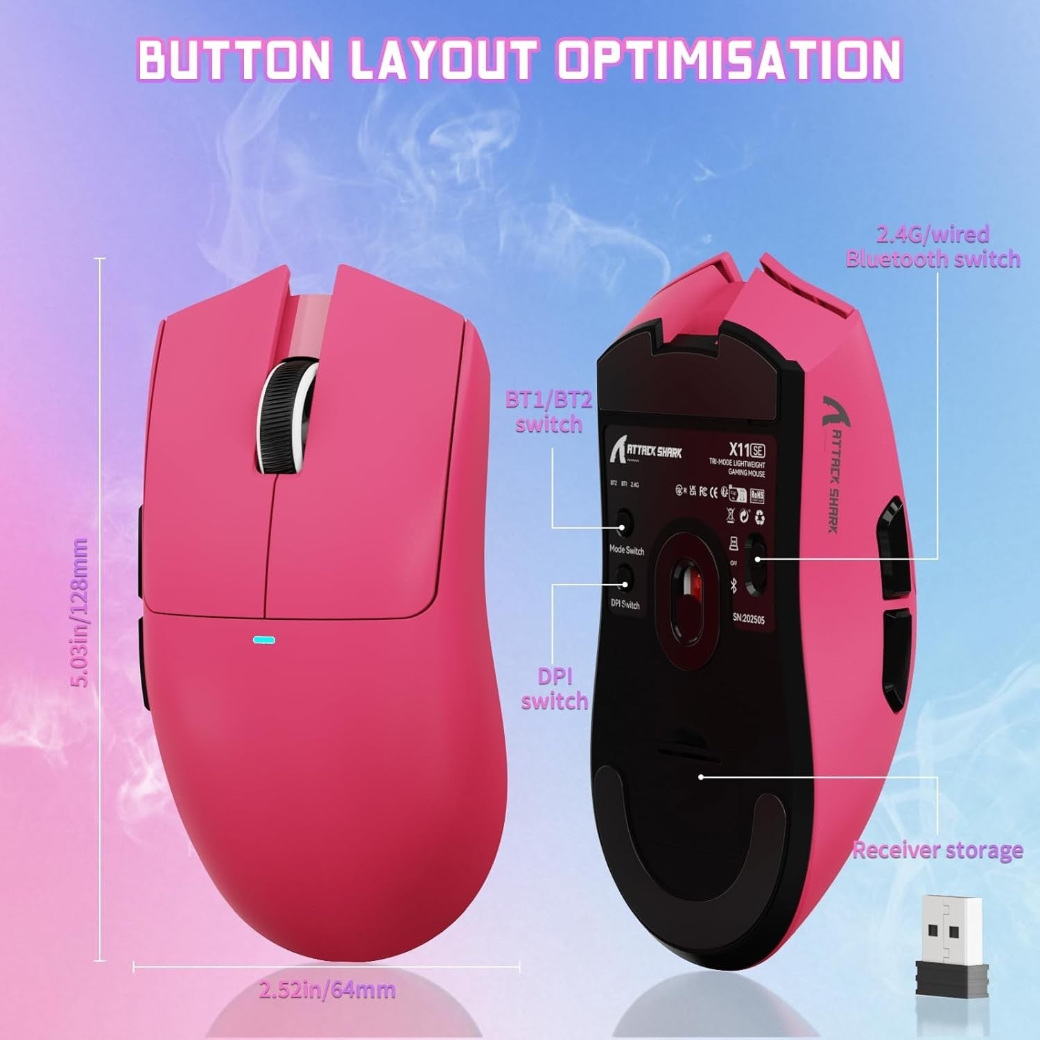 Esports Wireless Mouse 22K DPI 63g 1000Hz Tri-Mode Pink