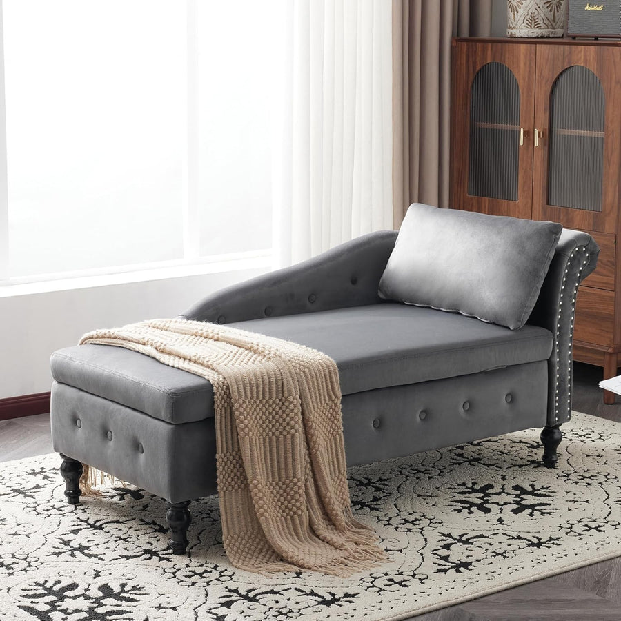Velvet Chaise Lounge Sofa w/Storage & Pillow Right Armrest Grey Tufted