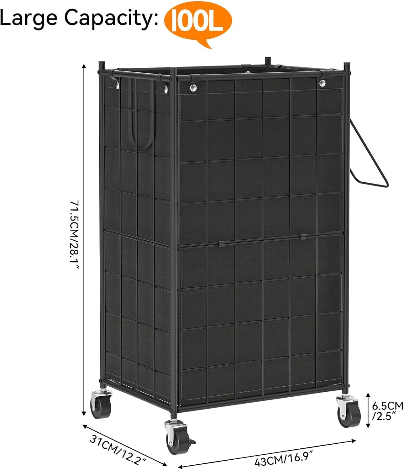 100L Rolling Laundry Hamper on Wheels with Removable Bag Metal Frame Black