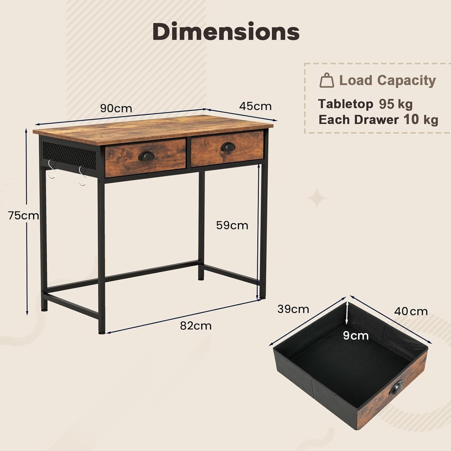 Computer Desk with Drawers Rustic Brown Black Home Office Study Table