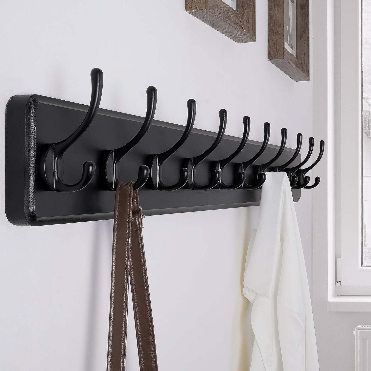 Black Solid Wood Wall Mounted Coat Rack with 10 Hooks | Modern Farmhouse