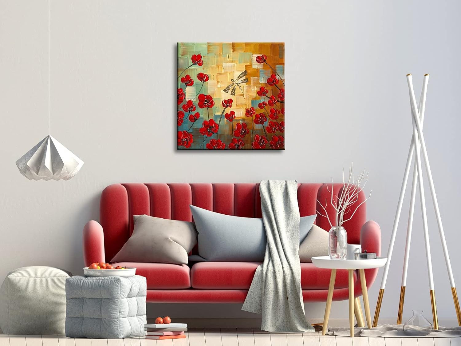 Hand Painted Floral Canvas Wall Art 60x60cm Framed Modern Home Decor