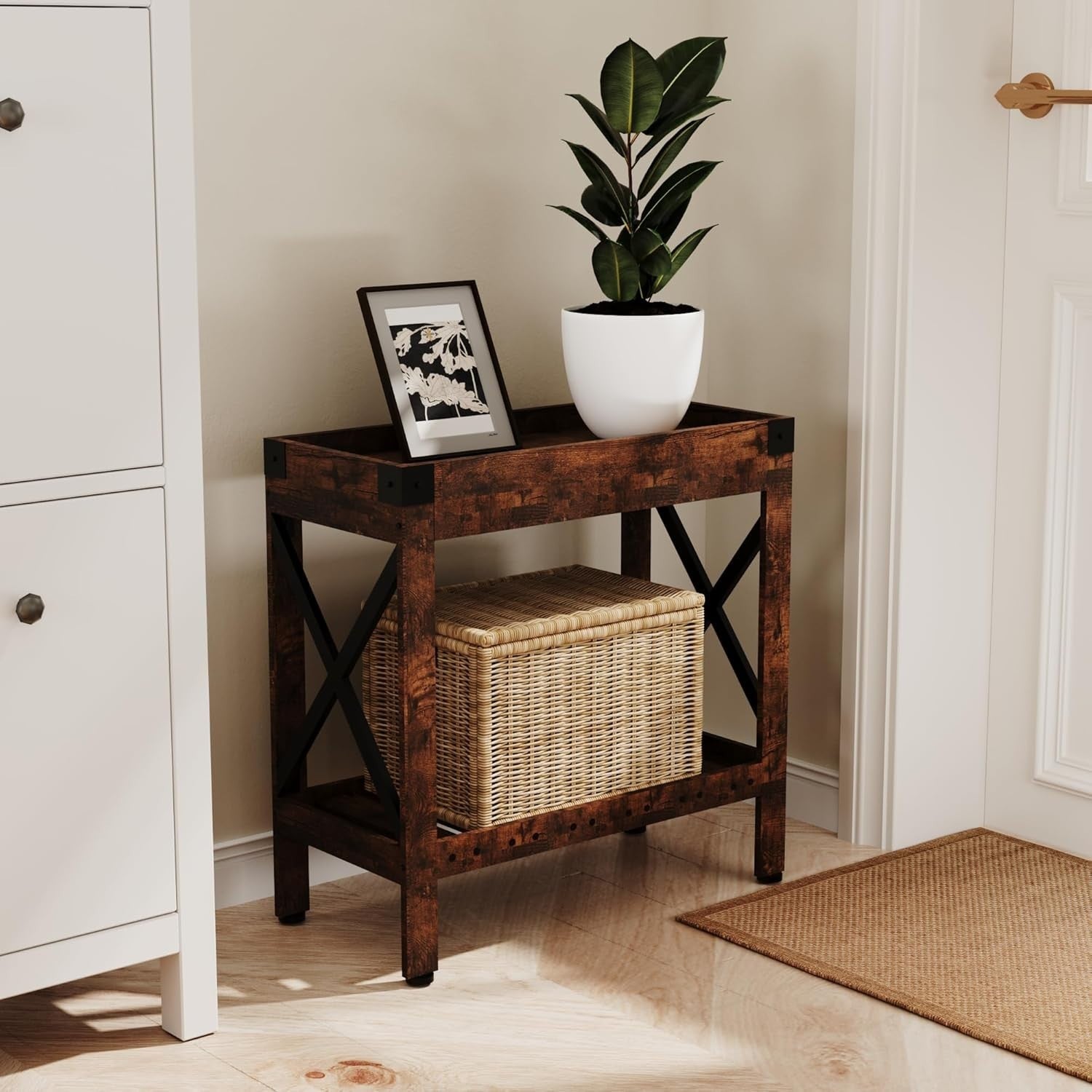 Narrow Rustic Brown Side Table with Storage Shelf – Compact End Table