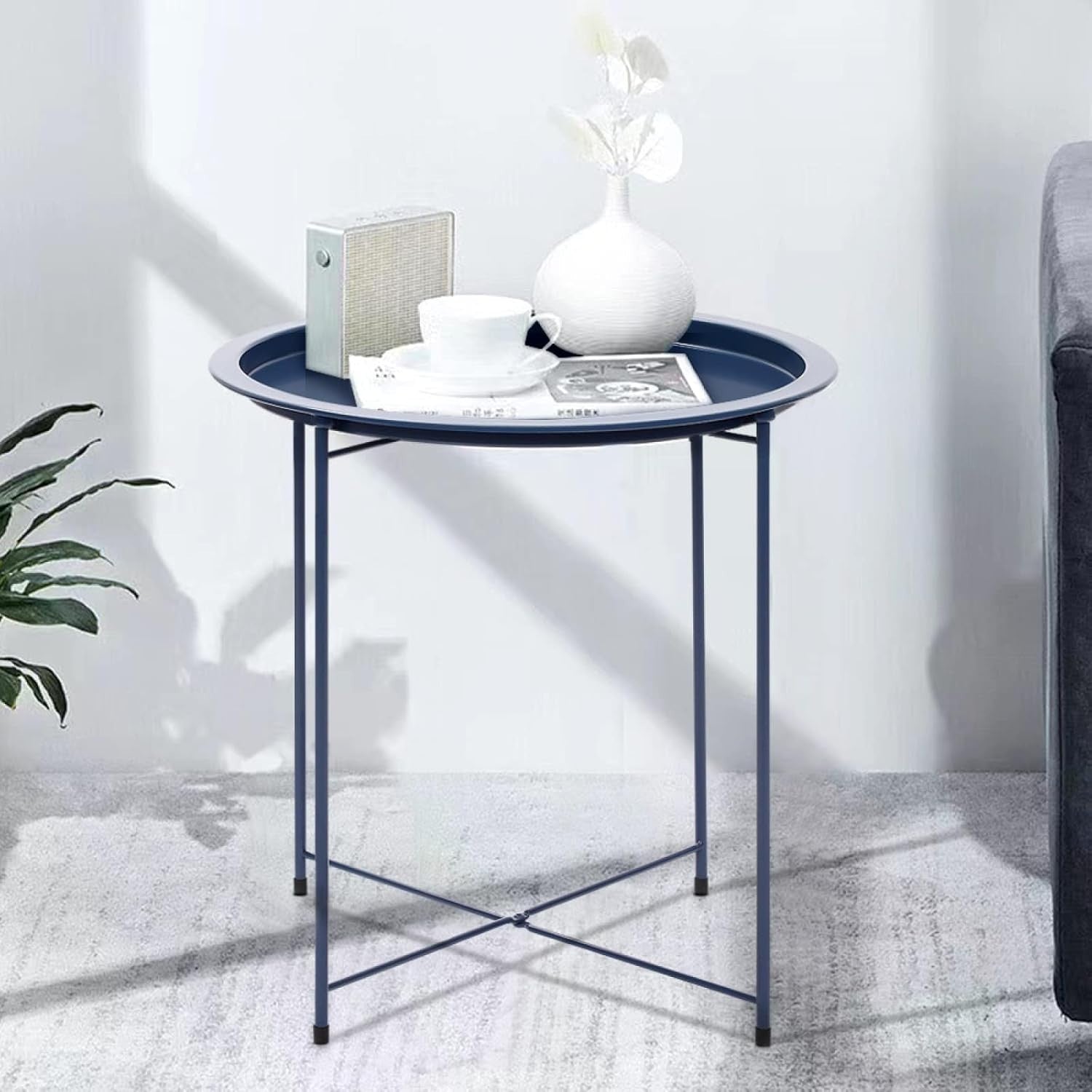 Round Tray Side Table with Removable Tray – 47x50cm Gray Blue Metal Table