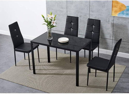 Black 4-Seater Glass Dining Table Set with PU Leather Chairs Compact