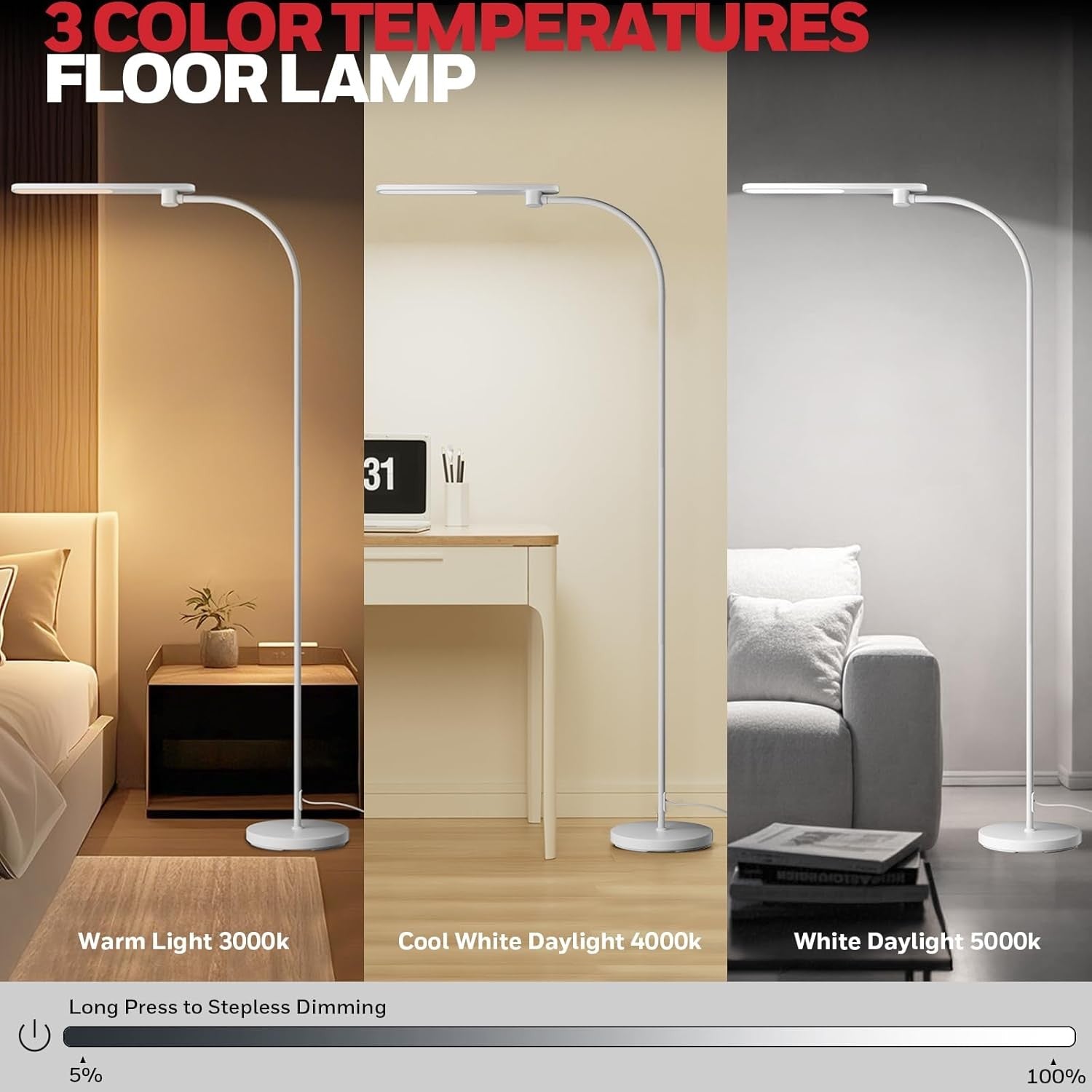 LED Floor Lamp Dimmable Gooseneck Reading Light Tall Standing Office Lamp