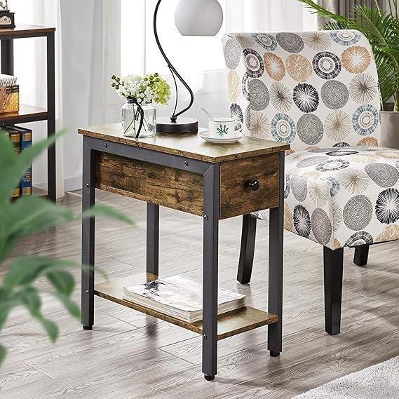 Narrow Industrial Bedside Tables Set of 2 with Drawer & Shelf Rustic Brown