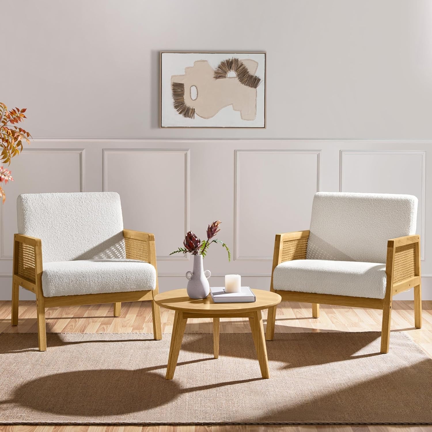 Ivory Boucle Accent Chair w/ Rattan Sides – Modern Armchair