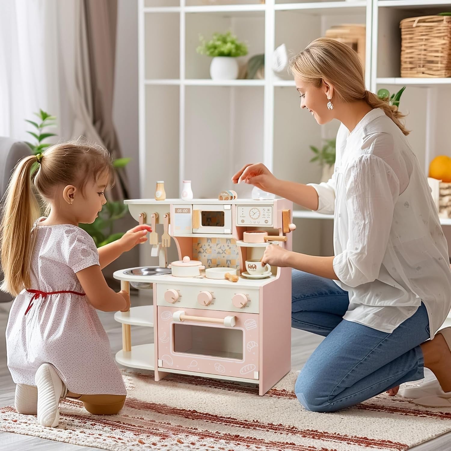 Wooden Kids Play Kitchen Coffee Maker Pretend Cooking Set Pink Toy