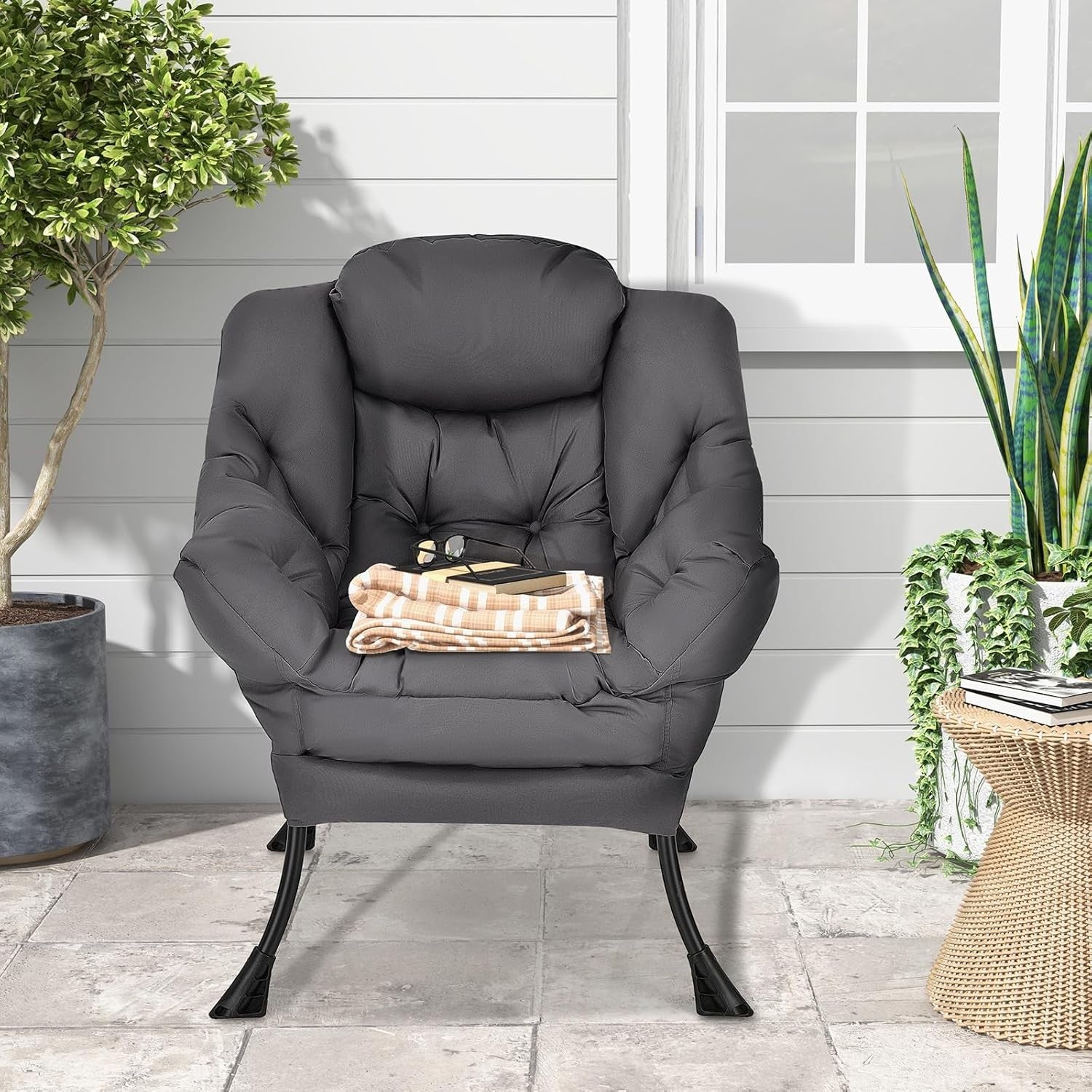 Fabric Lounge Armchair Comfy Reading Chair Metal Frame Grey