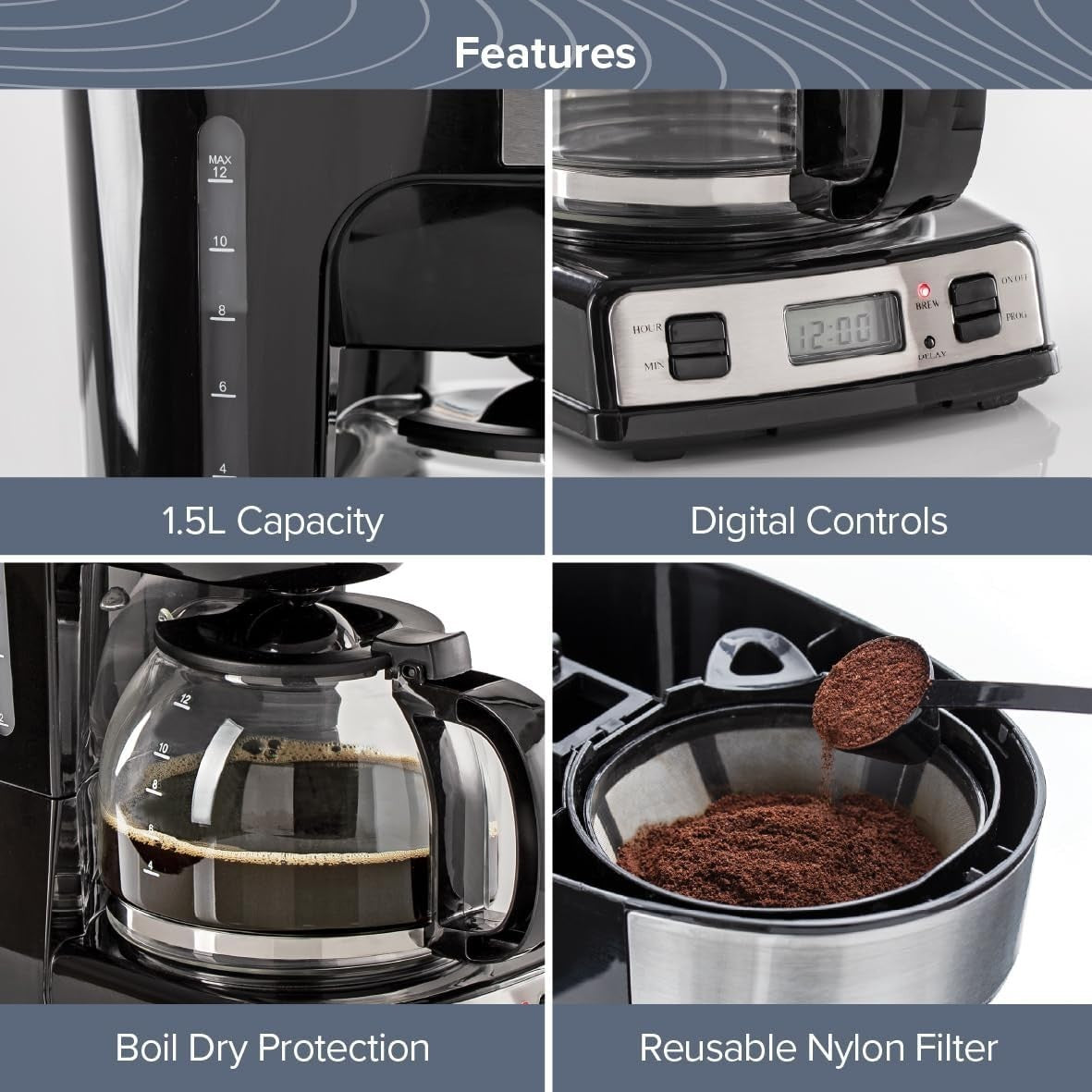 Digital Filter Coffee Machine 1.5L 12 Cup Timer Keep-Warm Anti-Drip 900W