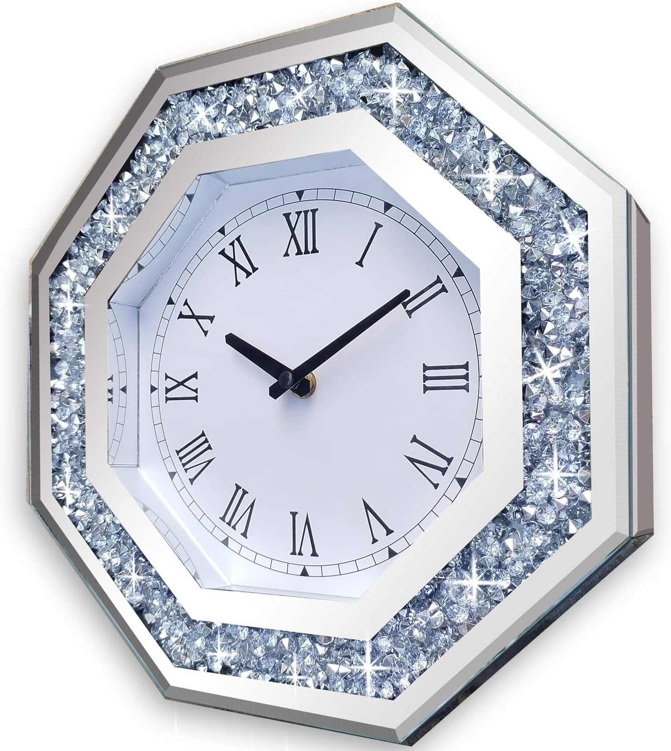 Large Octagon Mirror Wall Clock Diamond Frame Silent Non-Ticking 20 Inch