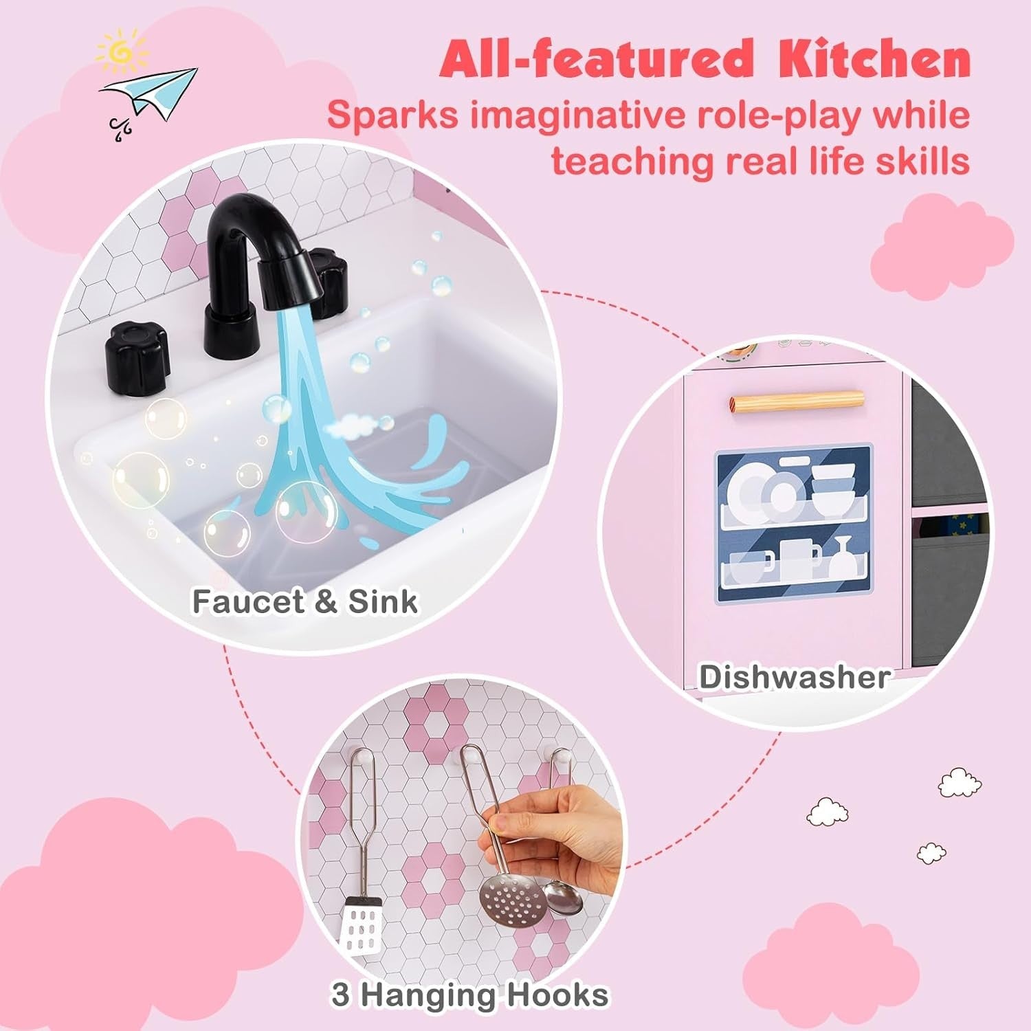 Wooden Kids Play Kitchen Pink Toy Set Sink Dishwasher Storage Stove