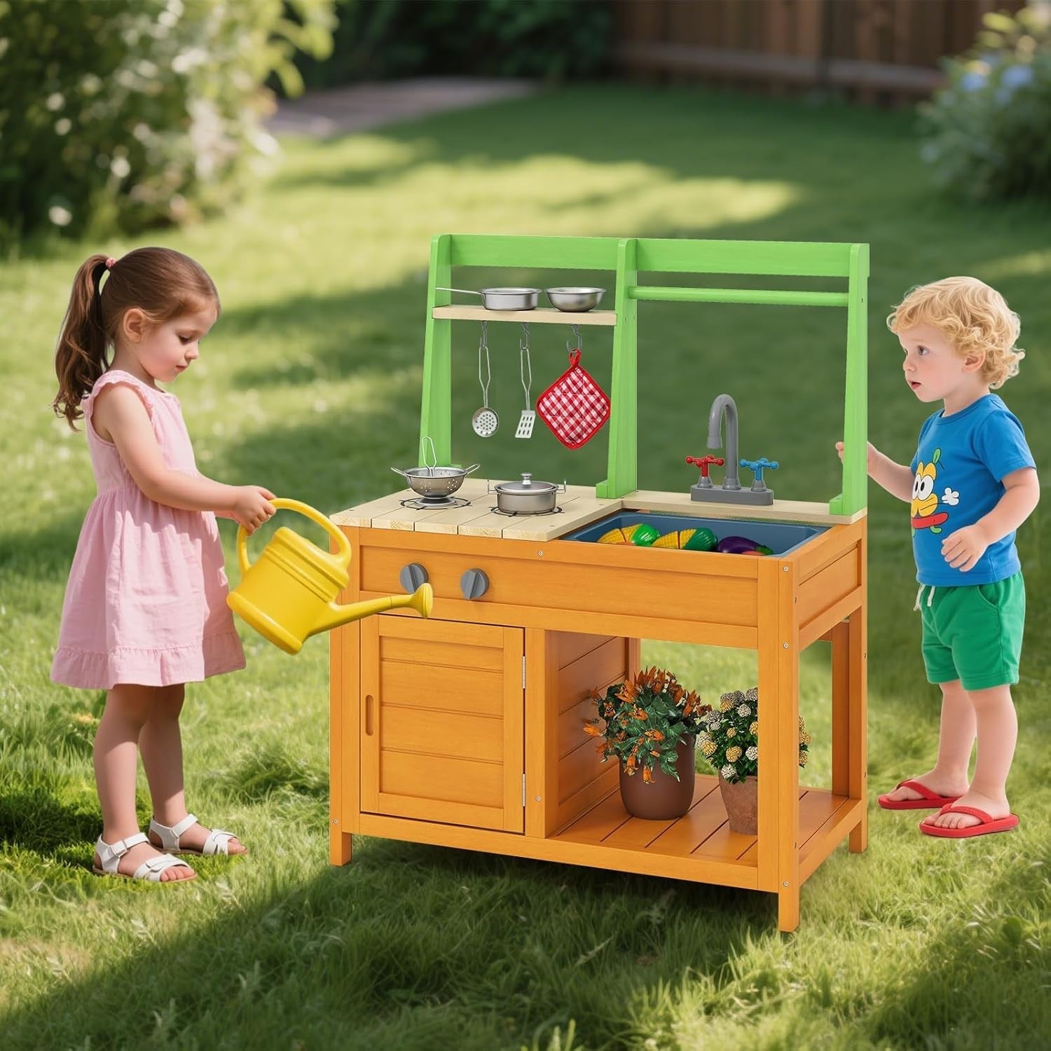 Outdoor Mud Kitchen Wooden Kids Playset Sink Oven Cooking Toy