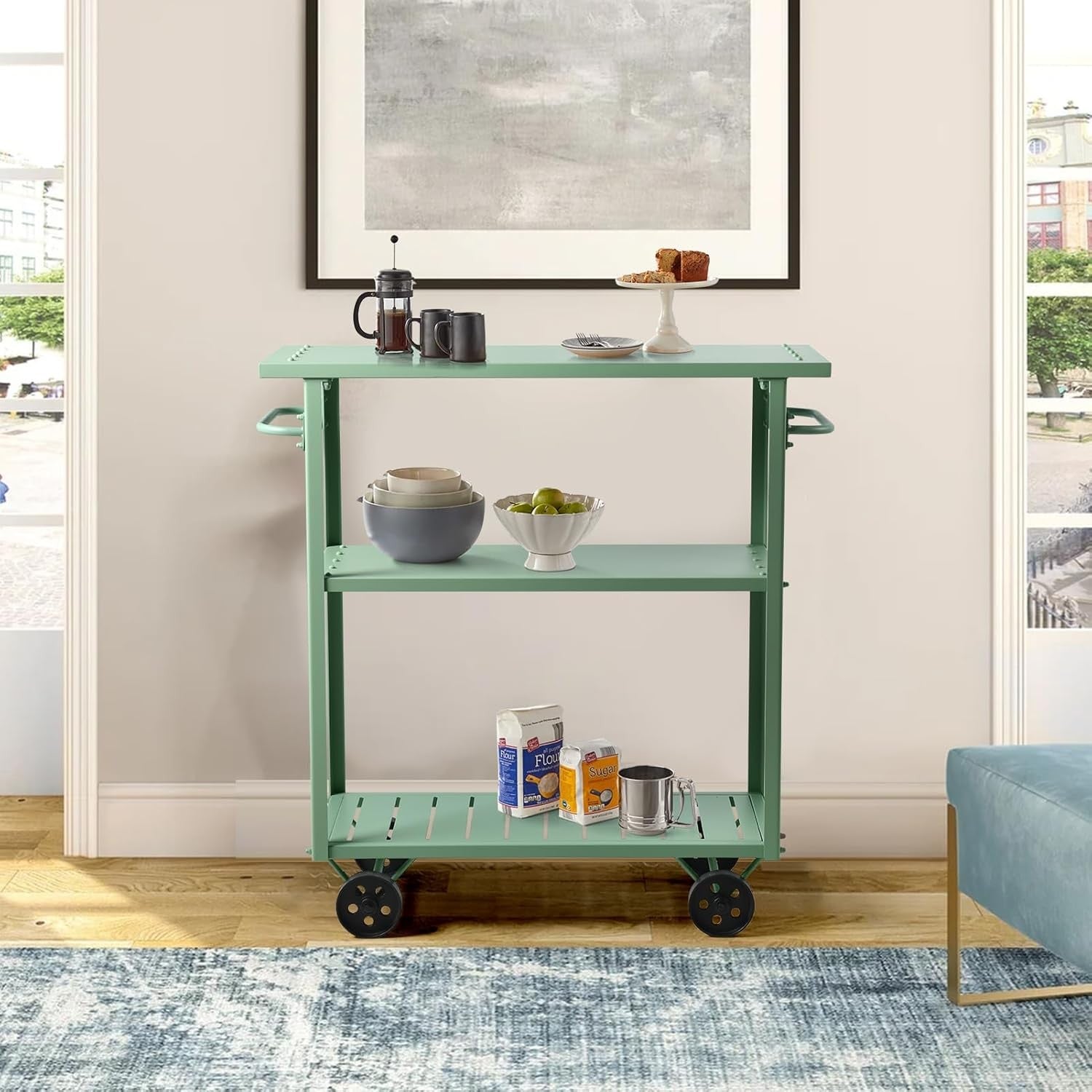 Industrial Bar Cart on Wheels 3 Tier Metal Serving Trolley Handle