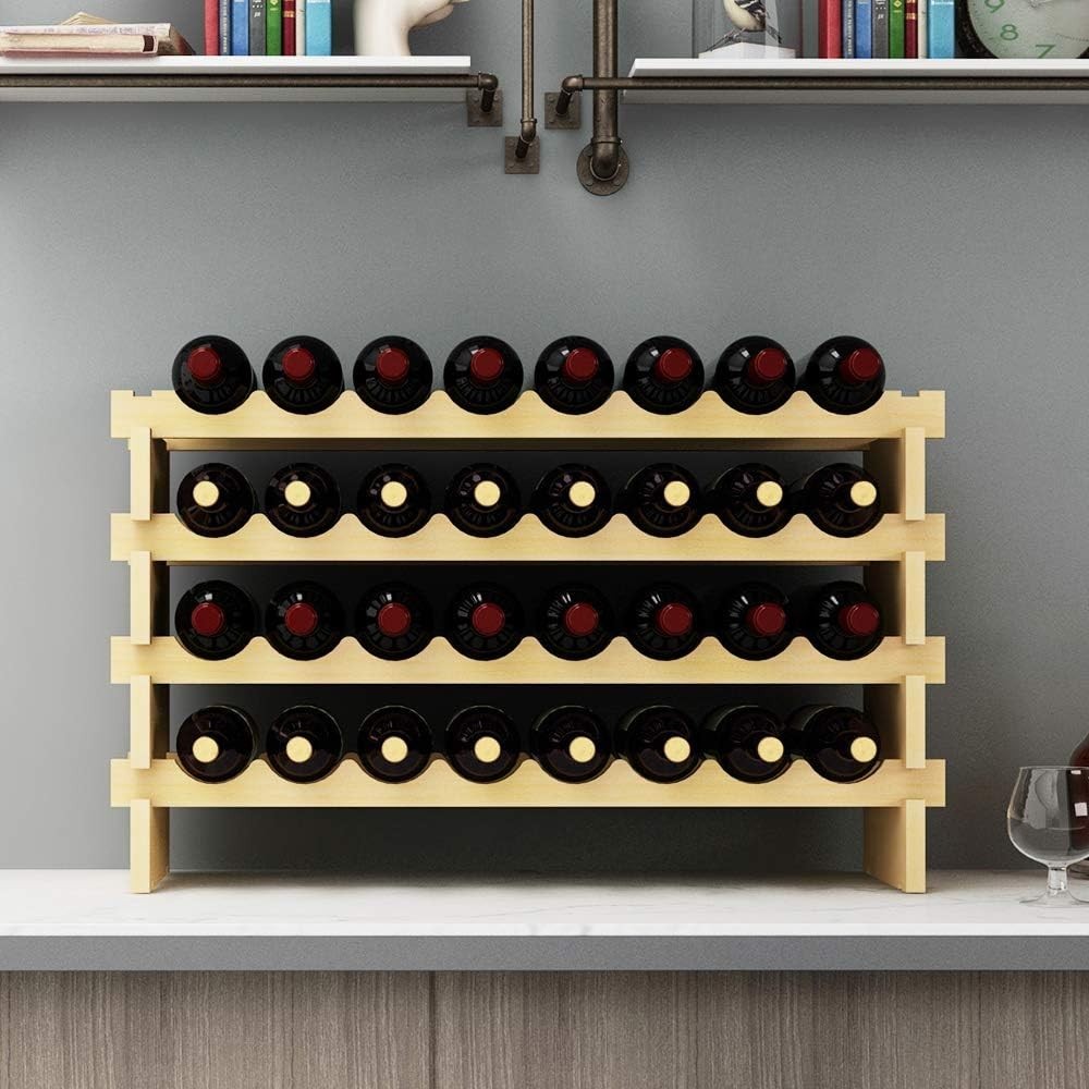4-Tier Wooden Wine Rack 32 Bottle Storage | Natural Solid Wood Countertop