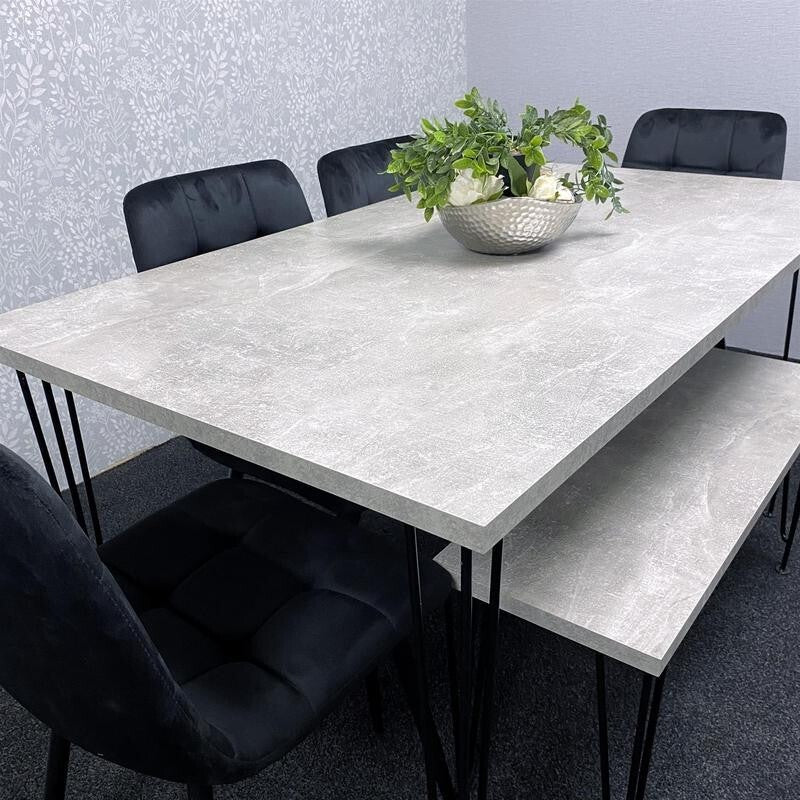 Grey Dining Table Set with Bench & 4 Black Velvet Chairs Hairpin Legs