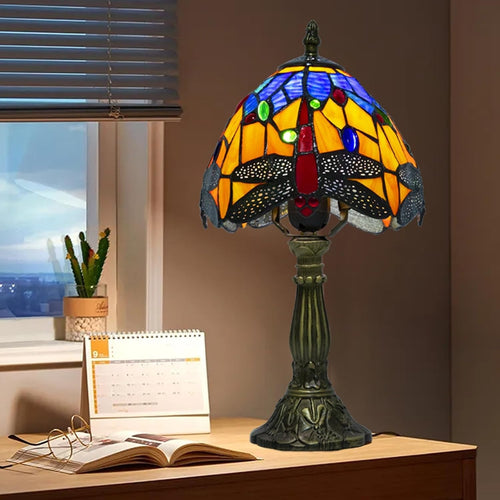 Orange Blue Dragonfly Tiffany Lamp, Dimmable LED, Vintage Resin Base