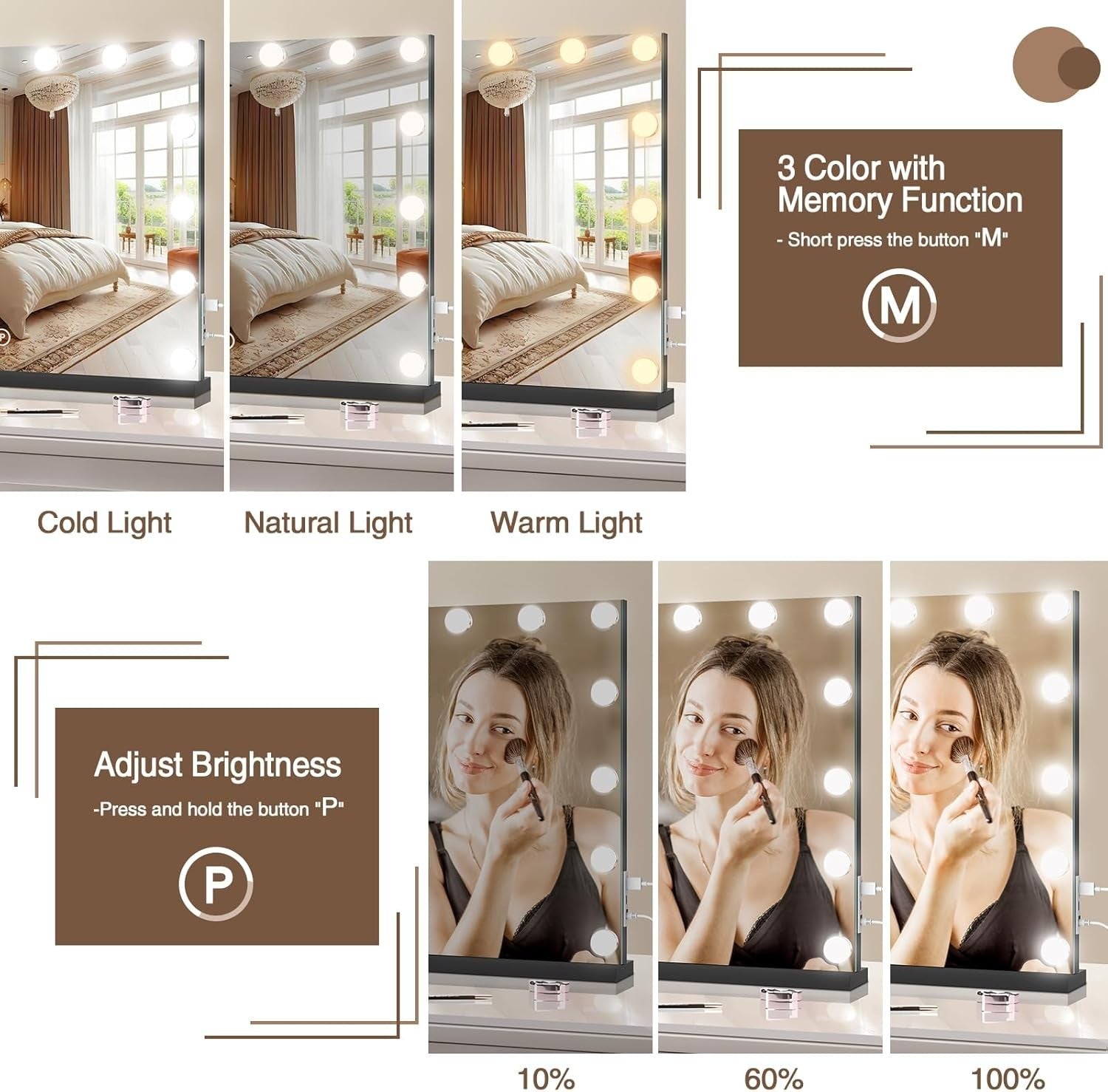 Vanity Makeup Mirror with Lights, Smart Touch, USB Ports, 58x48cm