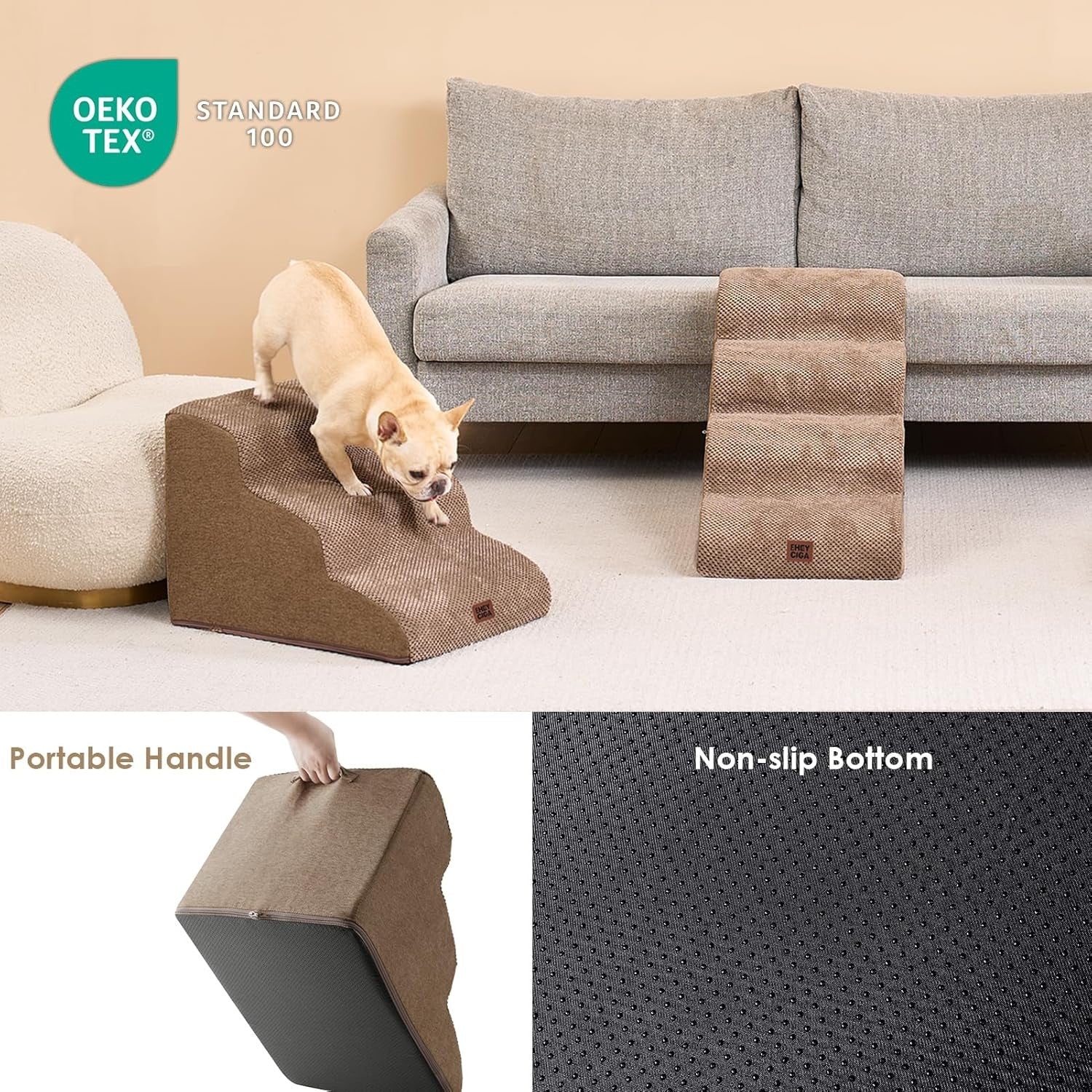 3 Step Dog Stairs for Bed Sofa Non Slip Foam Pet Steps Washable Camel