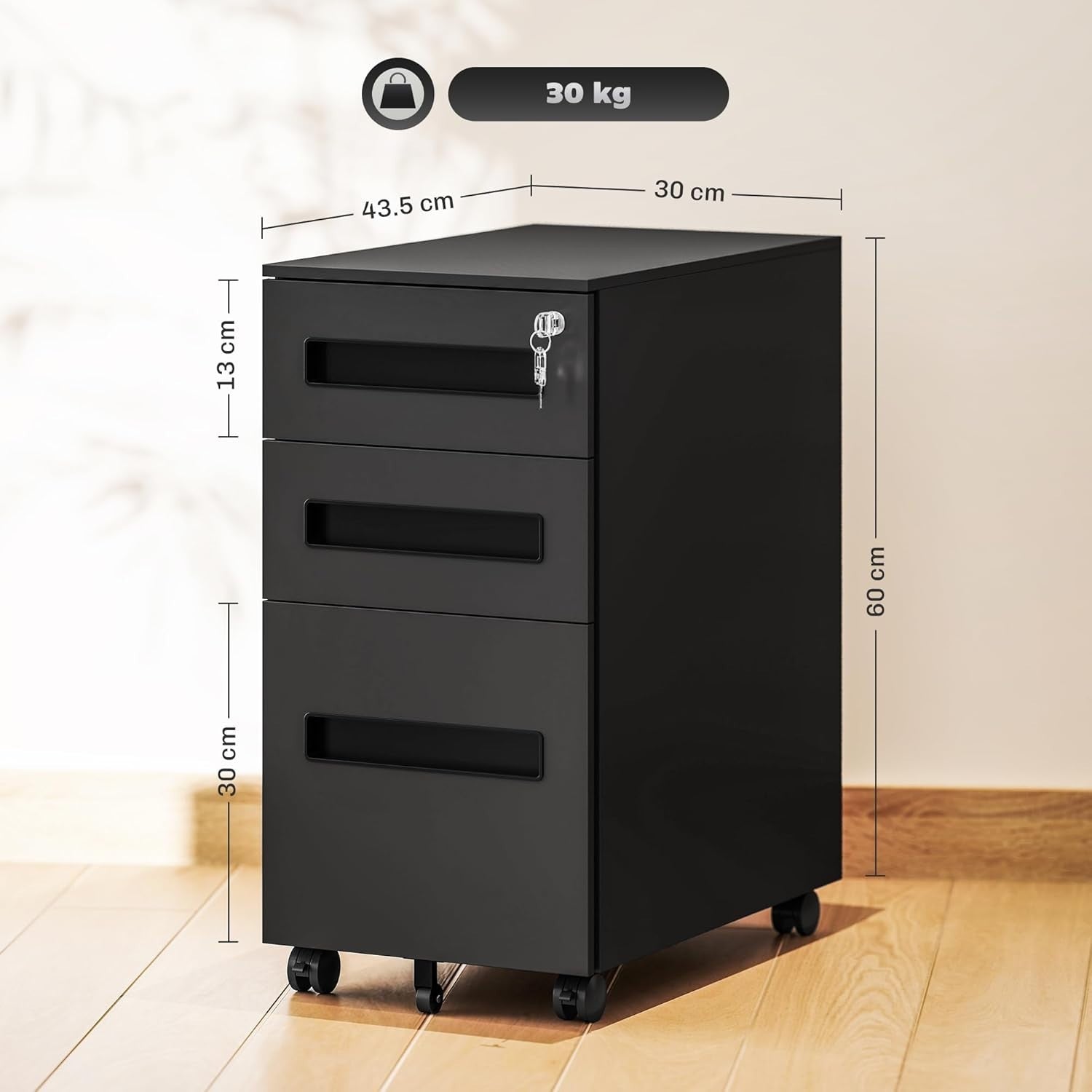 Black 3 Drawer Lockable File Cabinet 30x43.5x60cm Mobile Cabinet