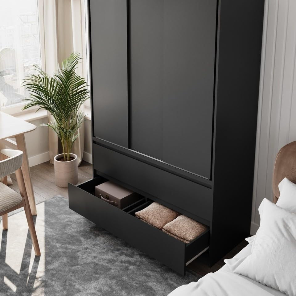 Black Sliding Door Wardrobe with 4 Drawers & Hanging Rail - Space Saver