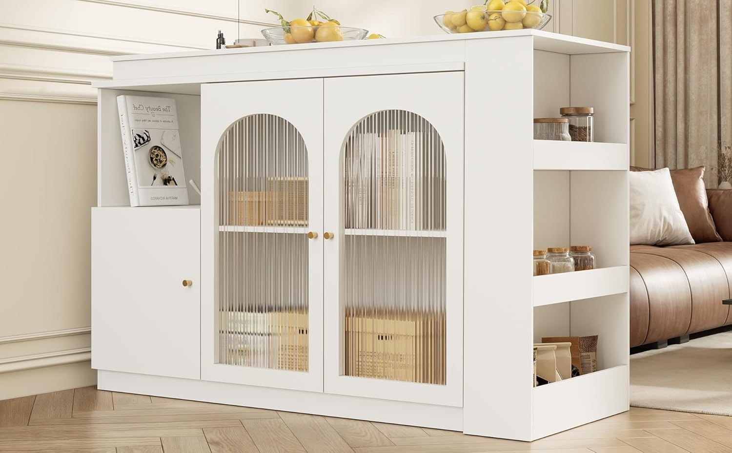 Extendable Kitchen Island Table 360° Swivel with Glass Doors And Storage White