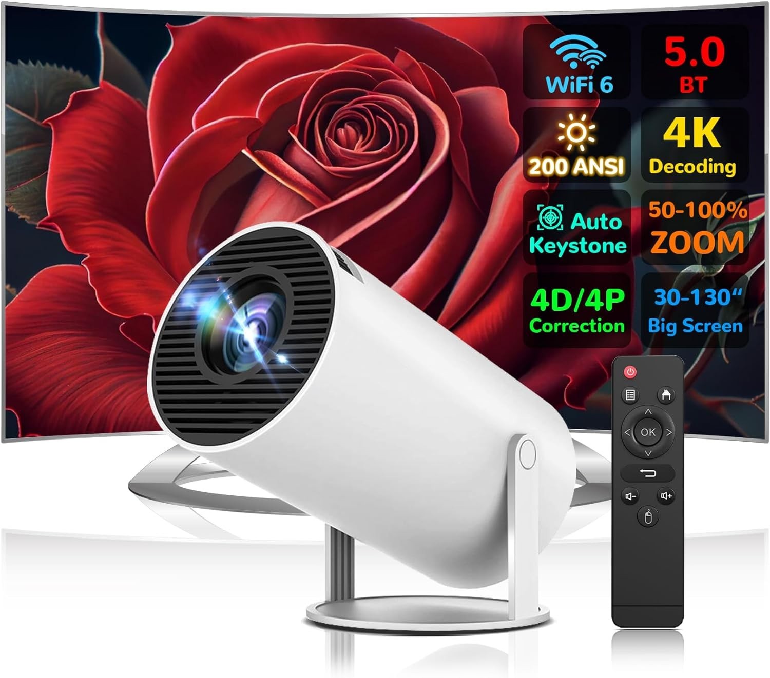 Mini Smart Projector 200 ANSI 1080P 4K Support WiFi 6 Bluetooth