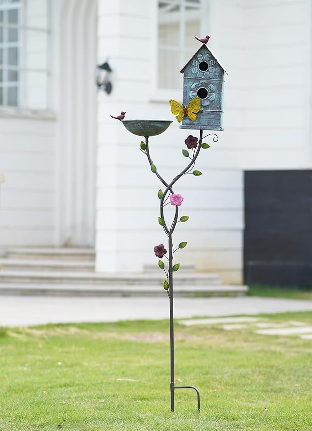 57" Metal Bird Bath & Birdhouse Combo – Outdoor Garden Decor 2-in-1 Feeder