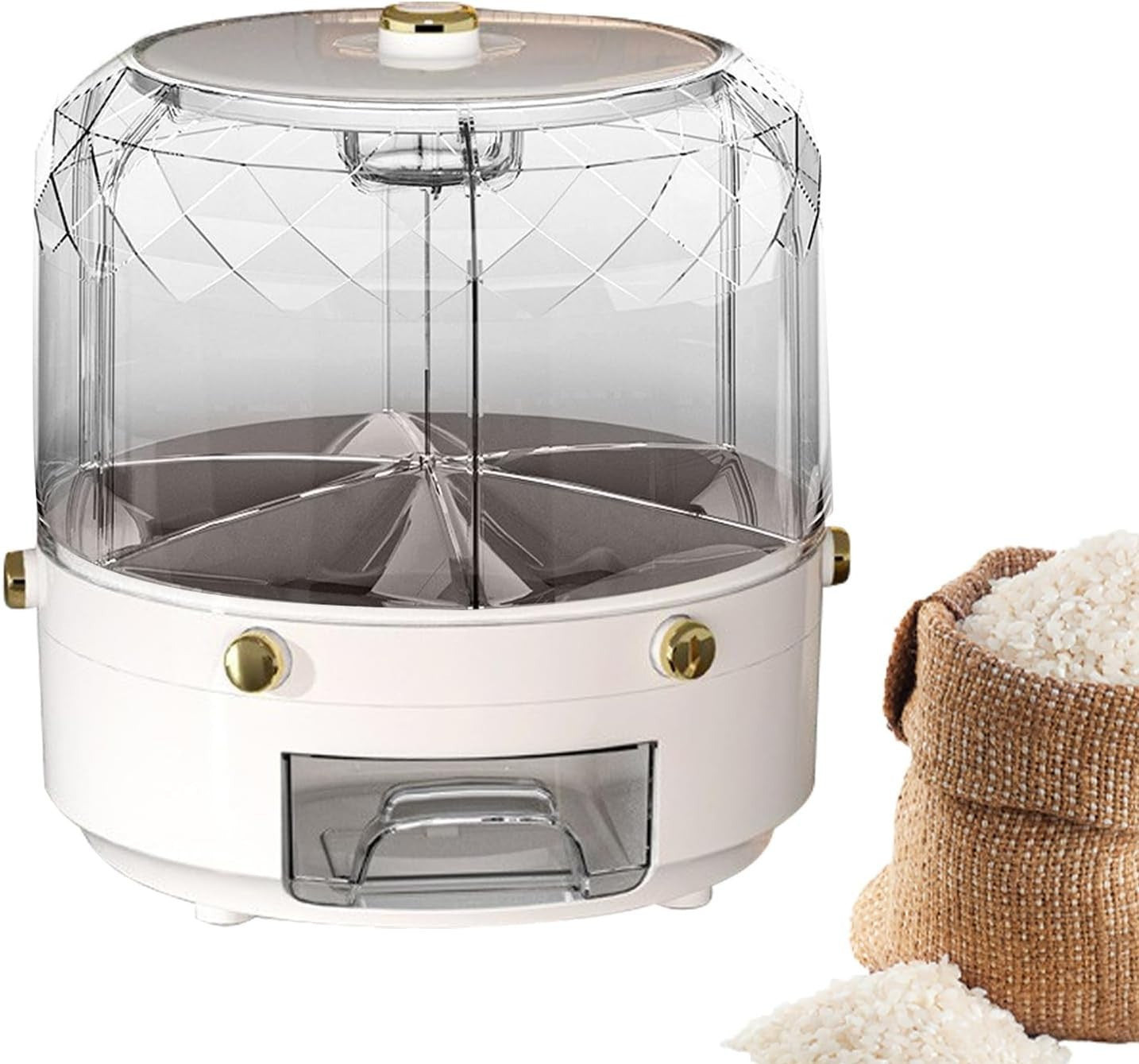 Rotating 6 Grid Grain Organizer Round Rice Storage Dispenser Container