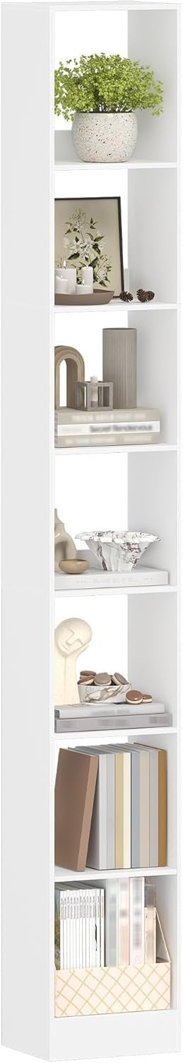 Modern 7-Tier White Wooden Bookshelf, Adjustable Shelves, 24x30x214 cm