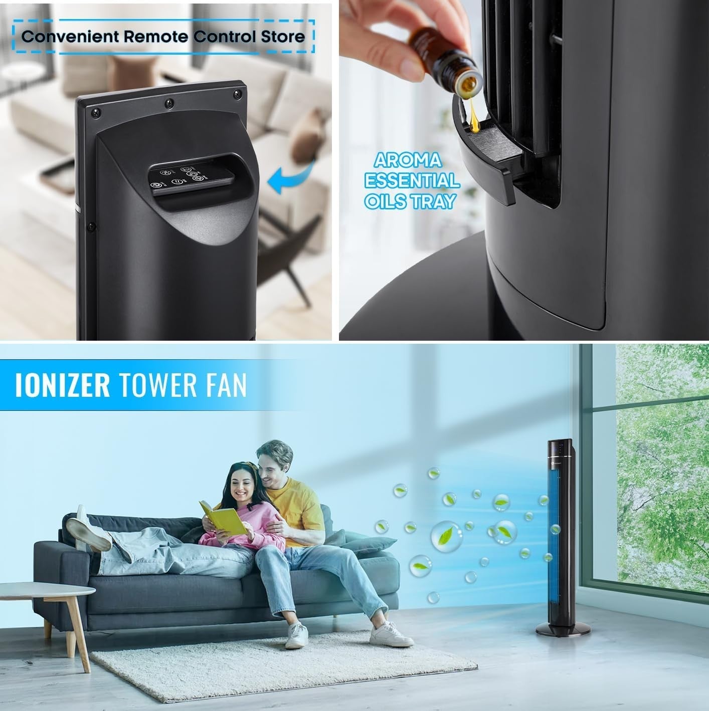 43" Bladeless Tower Fan with Remote Air Purifier Aroma 3-Speed Oscillating Quiet