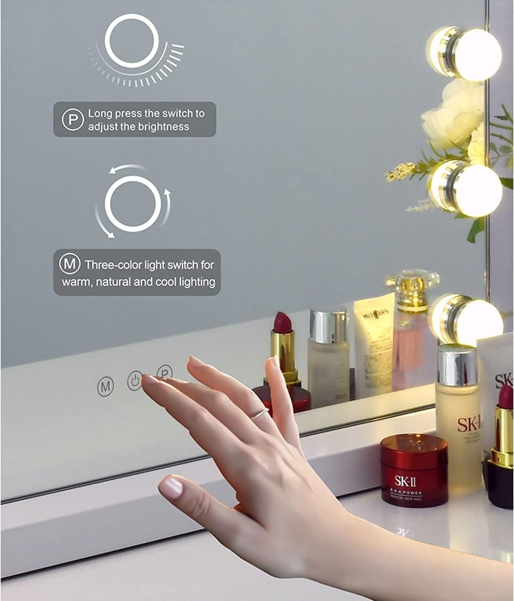 Large Vanity Mirror 80x60cm with LED Lights, Dimmable, 10X Magnifier, USB