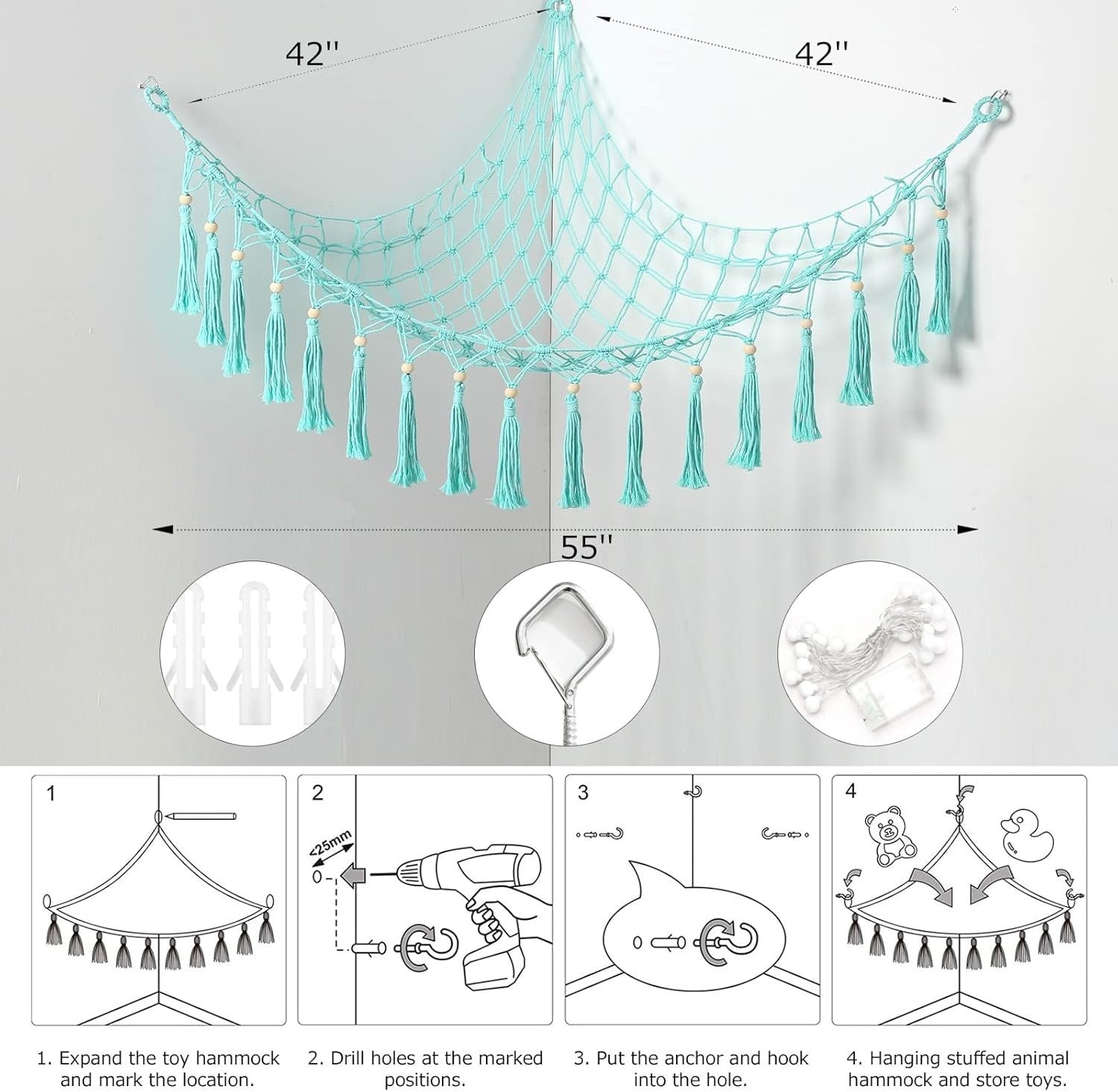 Green Macrame Toy Hammock – Soft Plush Animal Storage Net – Boho Kids Room
