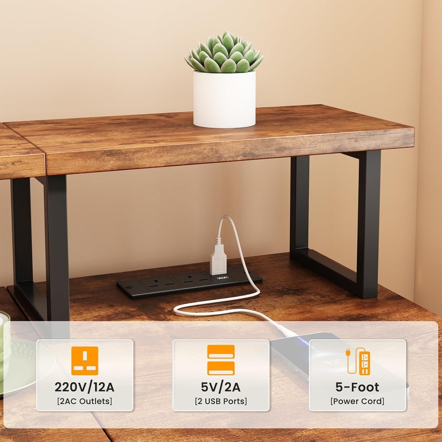 Reversible Rustic Brown Computer Desk w/Power Outlet & Monitor Stand
