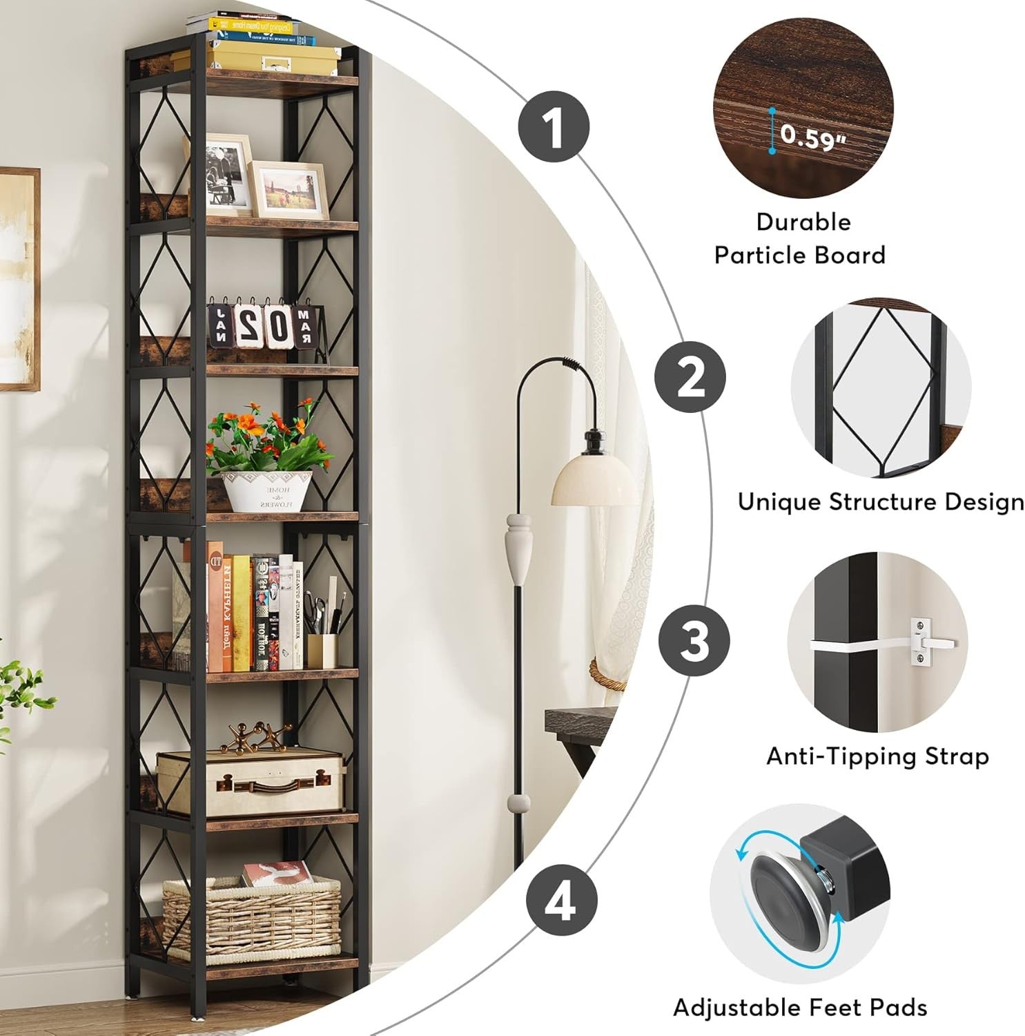 Tall 7-Tier Narrow Bookshelf Set | Slim Rustic Display Shelves for Small Spaces