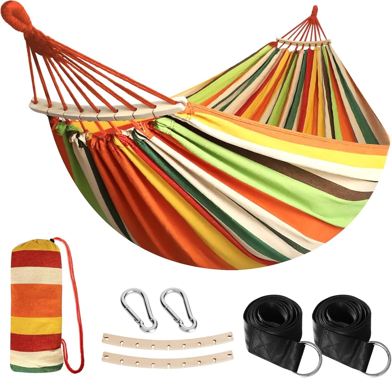 Outdoor Cotton Hammock with Spreader Bars & Tree Straps – Portable - Orange