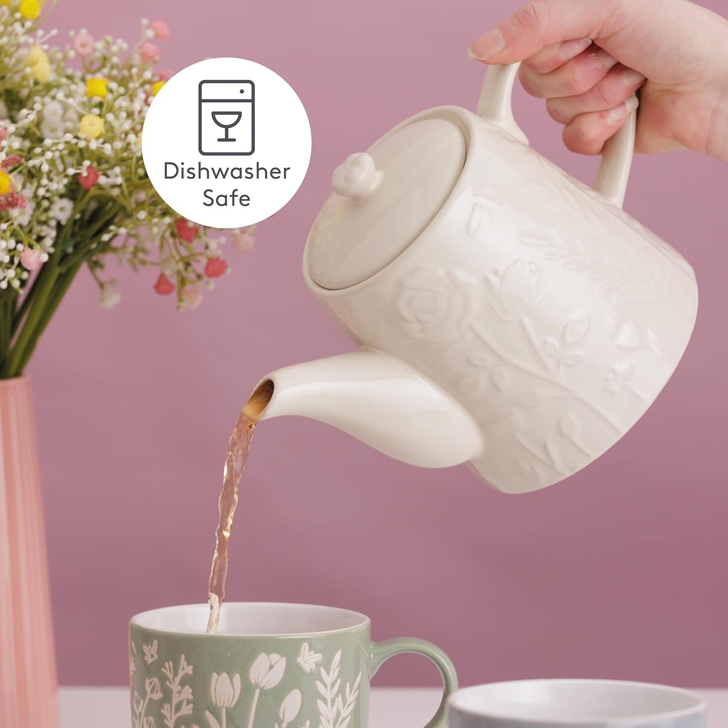 Ceramic Teapot 800ml Embossed Floral Stoneware Tea Pot Cream