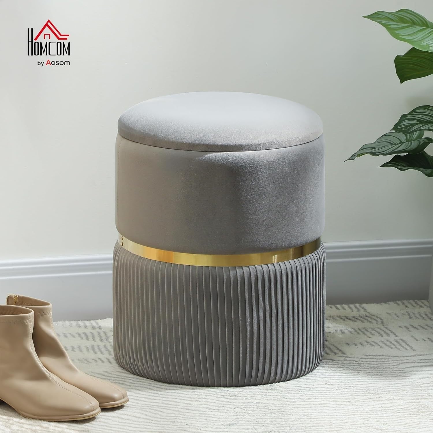 Light Grey Round Storage Stool Velvet Ottoman Padded Seat Vanity Footrest