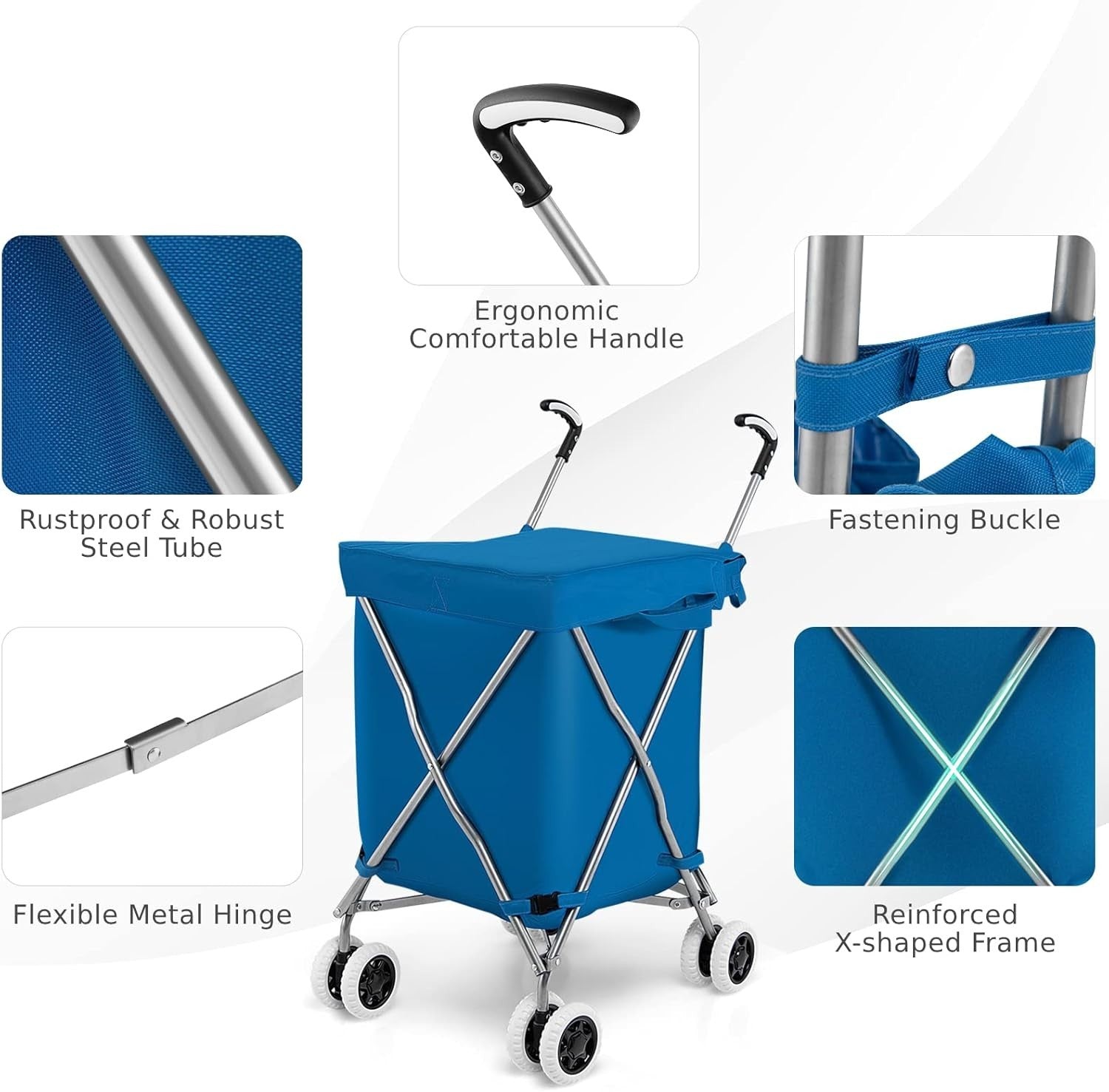 90L Folding Shopping Cart 8 Wheels Waterproof Grocery Trolley Blue